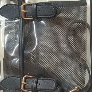 Transparent Handbag with Black Mesh and Gold Buckles